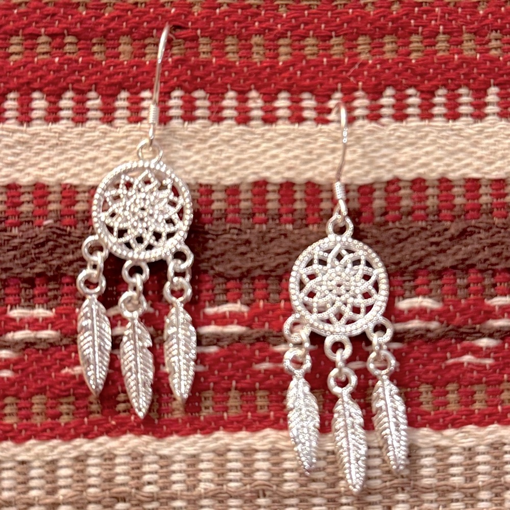 Sterling Silver Dream Catcher Feather Navajo Native American Style Hook Earrings